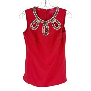 Lilly Pulitzer Jubilee Blouse Womens Size 0 Pink Coral Beaded Cutouts Sleeveless